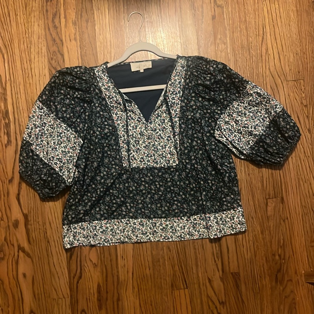 THE GREAT. Blue Green Floral Puff Sleeve Top Blouse 2 Medium